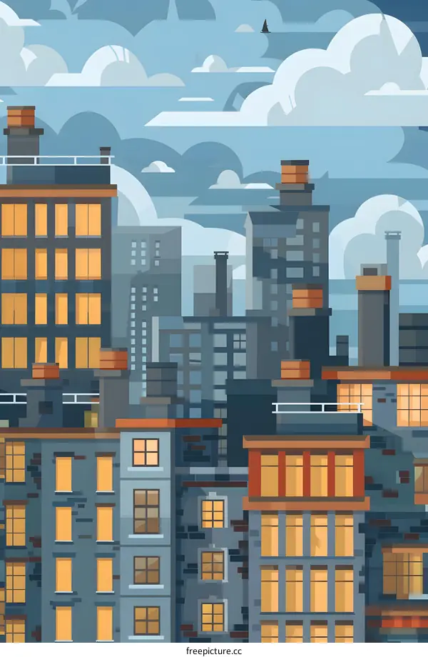 Cityscape Illustration with Buildings and Clouds