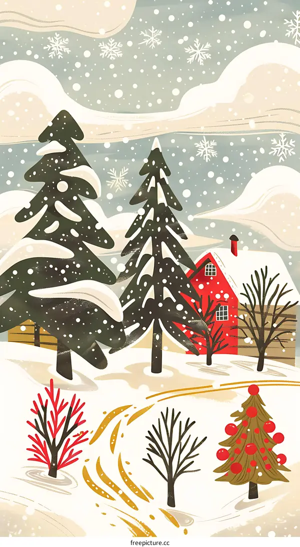 Snowy Winter Landscape With Pine Trees and Red House