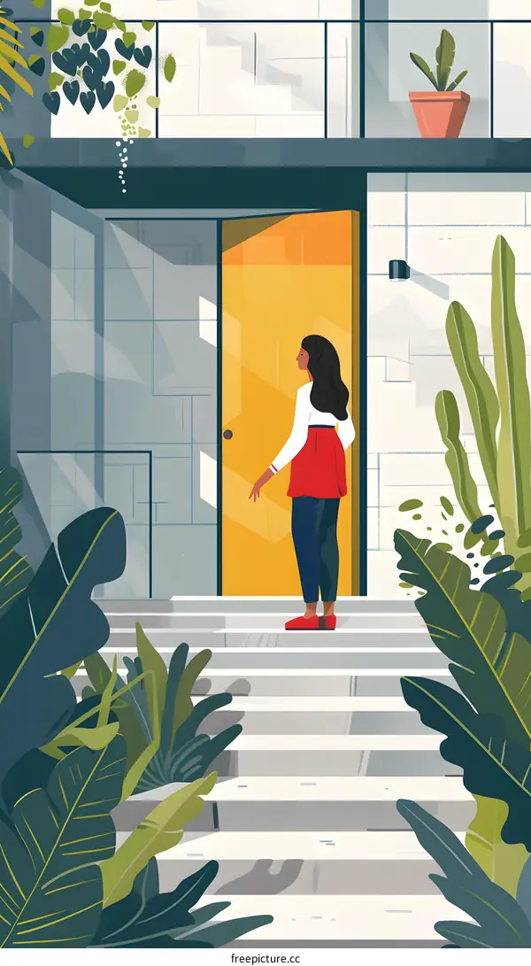 Woman Standing on Steps in Front of Yellow Door