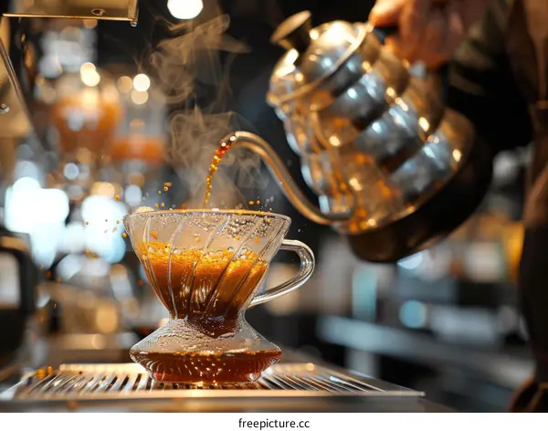 Barista pouring hot water from a kettle into a coffee filter