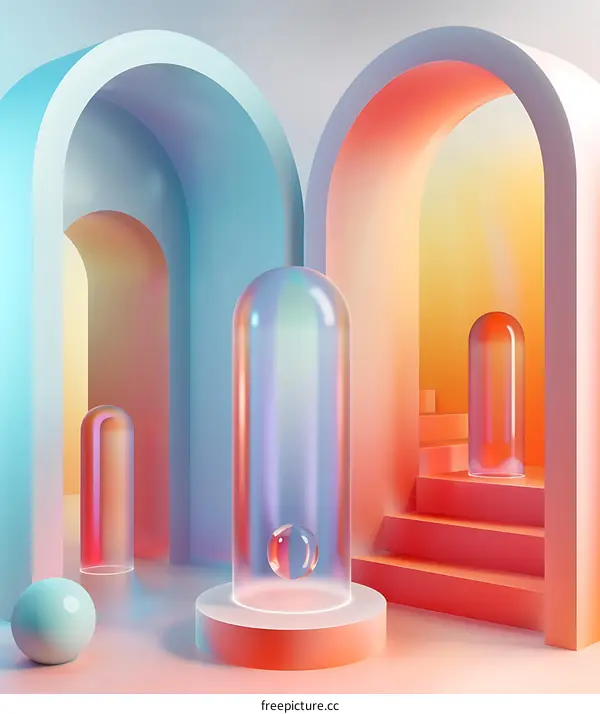Abstract 3D Render Of Colorful Glass Cylinders In A Room With Arches And Stairs