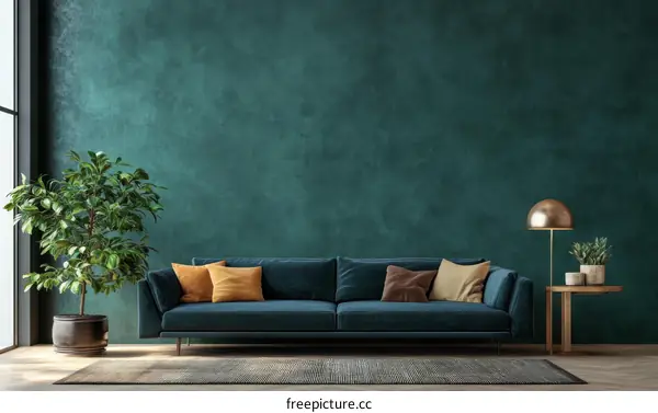 Modern Living Room Interior Design with Deep Teal Wall