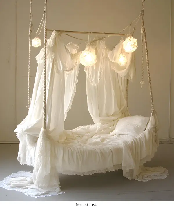 White Romantic Canopy Bed With String Lights