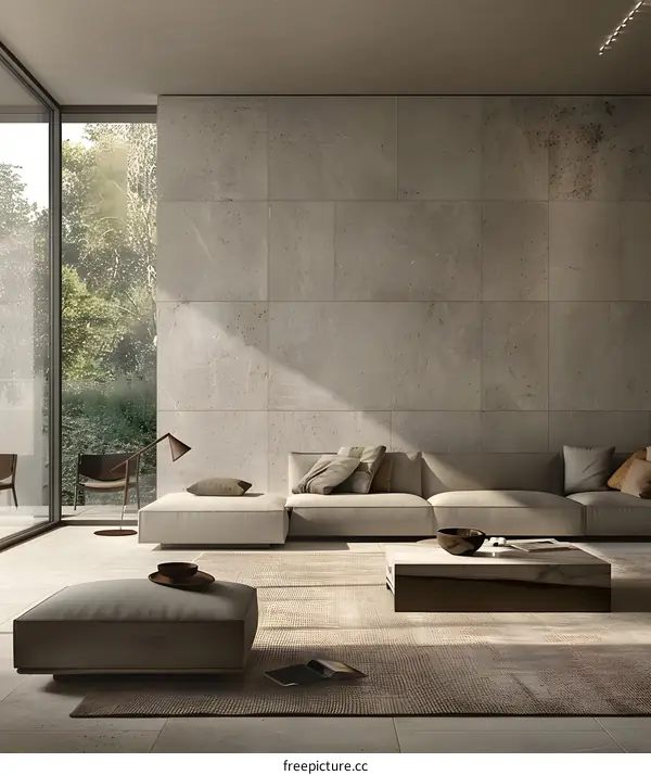 Modern Living Room Interior Design With Beige Sofa And Marble Coffee Table