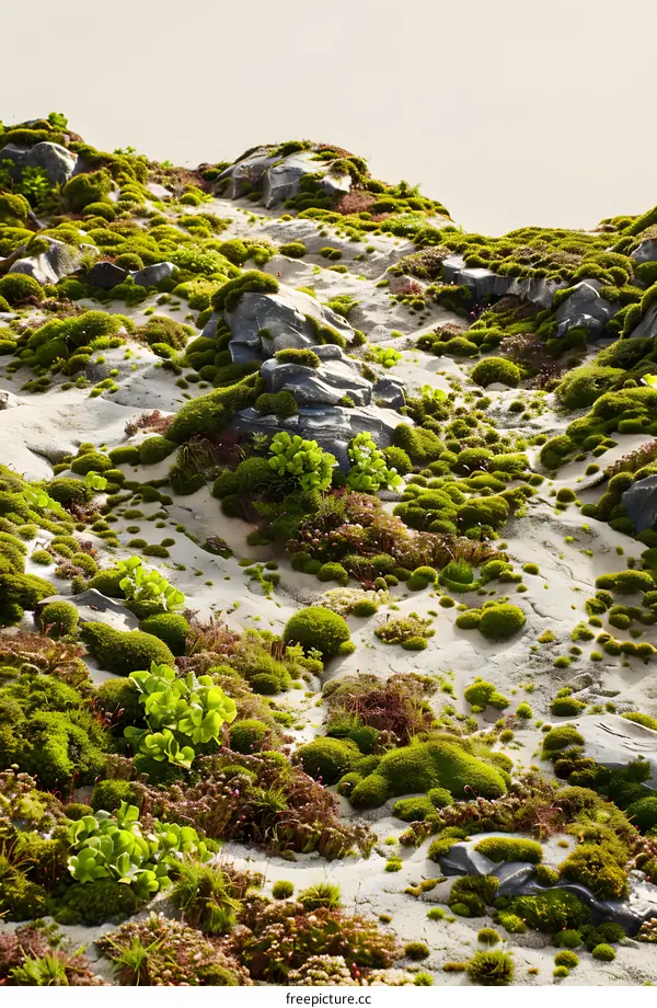 Green Moss and Rocks on a Sandy Hillside