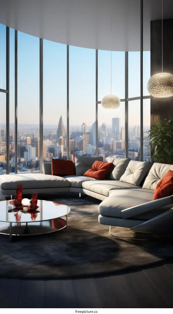 Modern living room interior with large windows and city view