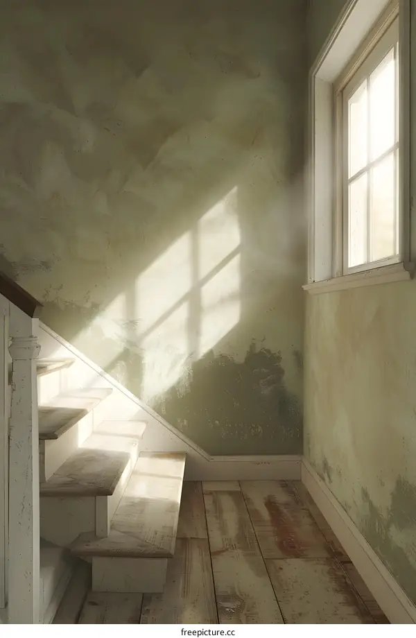 Old Rustic House Interior Design With White Wooden Stairs And Window