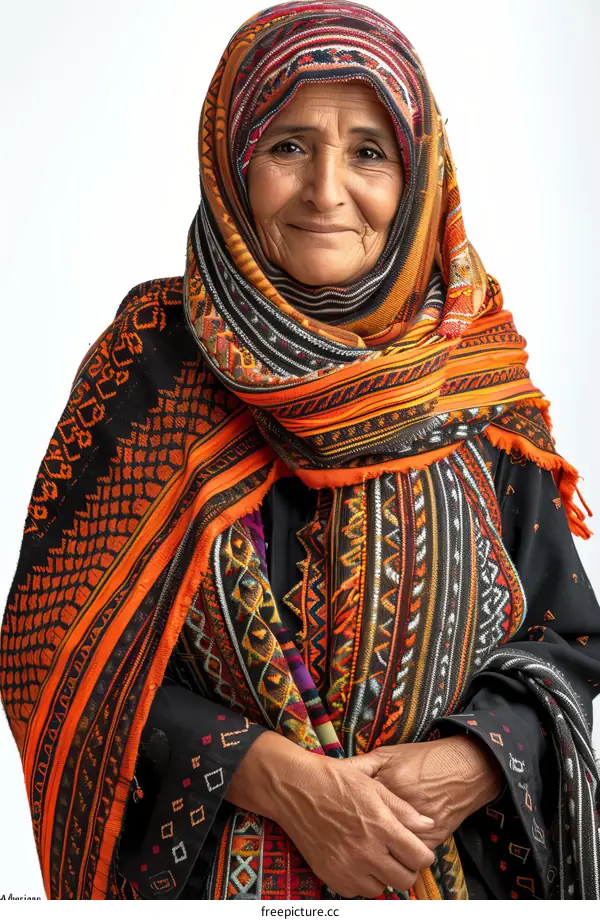 A portrait of an elderly woman wearing a traditional headscarf.