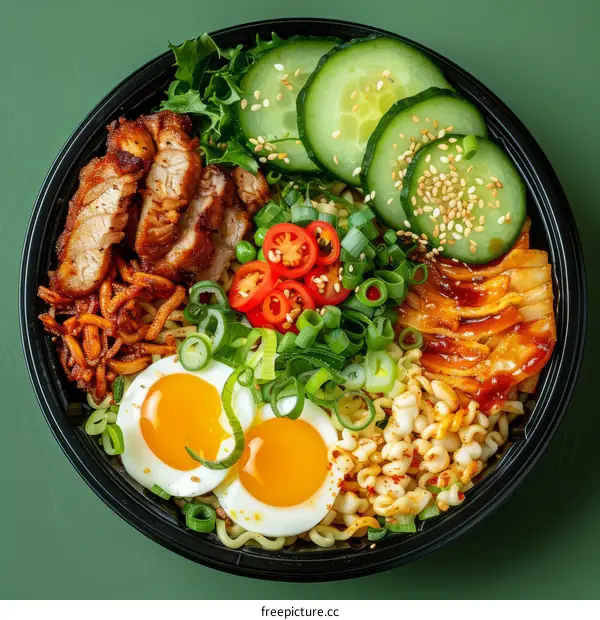 Korean spicy pork ramen with cucumber and egg