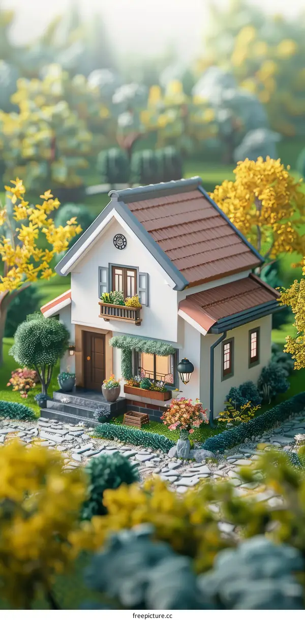 Small cute house in the middle of a lush green garden
