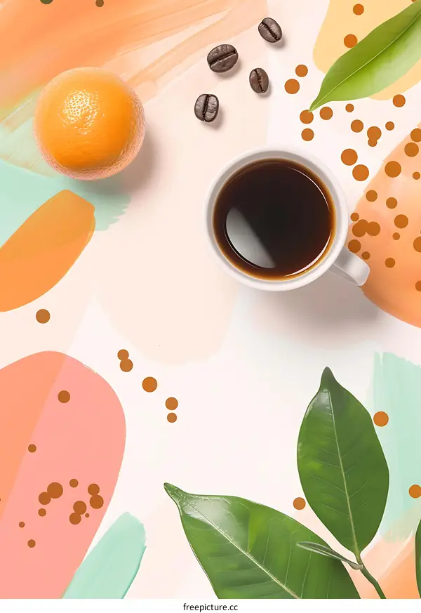 Flat Lay with Coffee, Orange, and Green Leaves