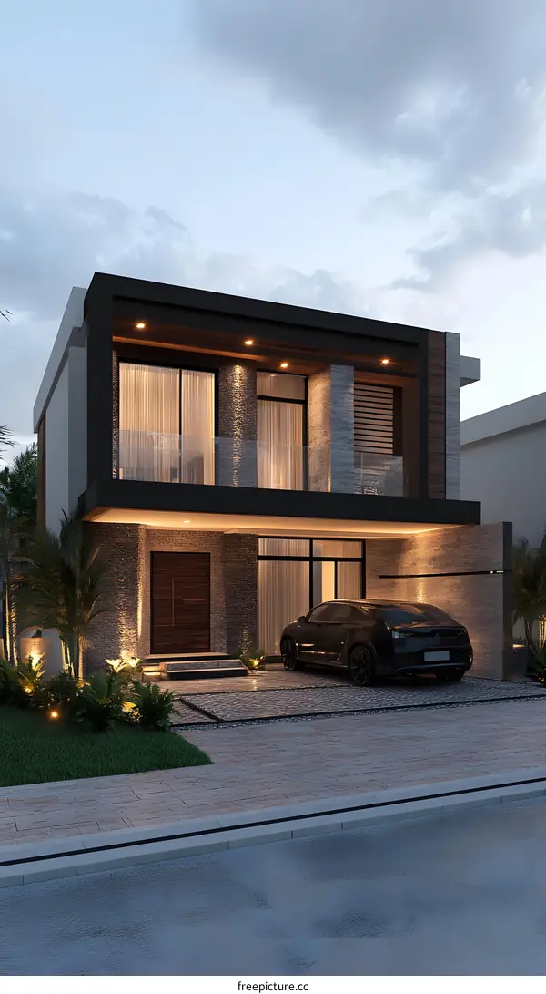 Modern Home Design with Black Car in the Driveway