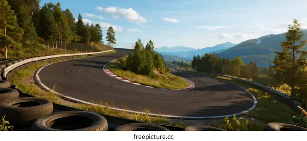 A winding race track surrounded by lush green trees and mountains