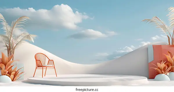 Minimalist 3D Illustration with a White Platform and Orange Chair