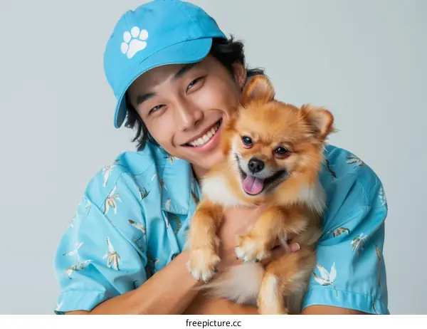A smiling man wearing a blue cap and blue shirt is holding a small brown dog.