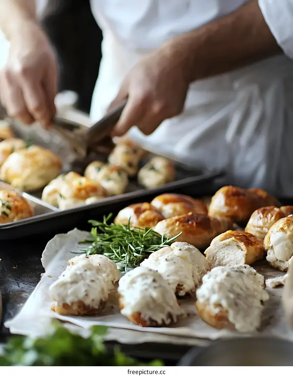Chef Preparing Delicious Rosemary and Garlic Rolls