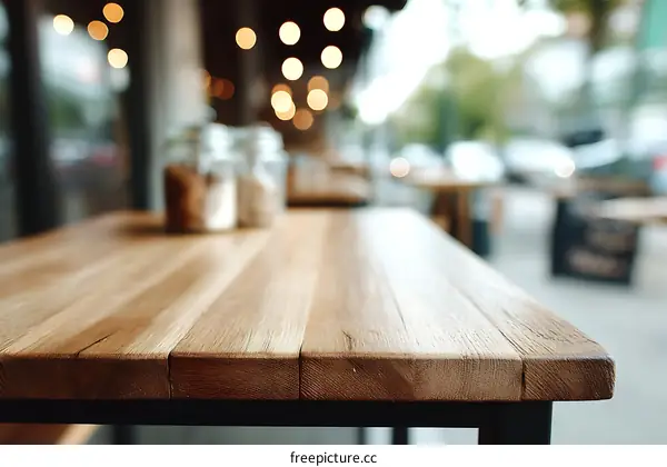 Wooden Table Top in Outdoor Cafe Setting