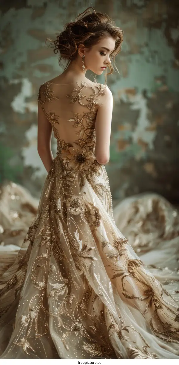 A woman wearing a beautiful golden dress