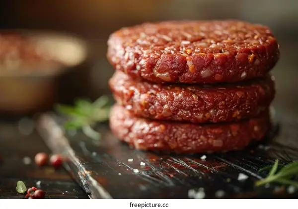 Three stacked plant-based burger patties made from pea protein