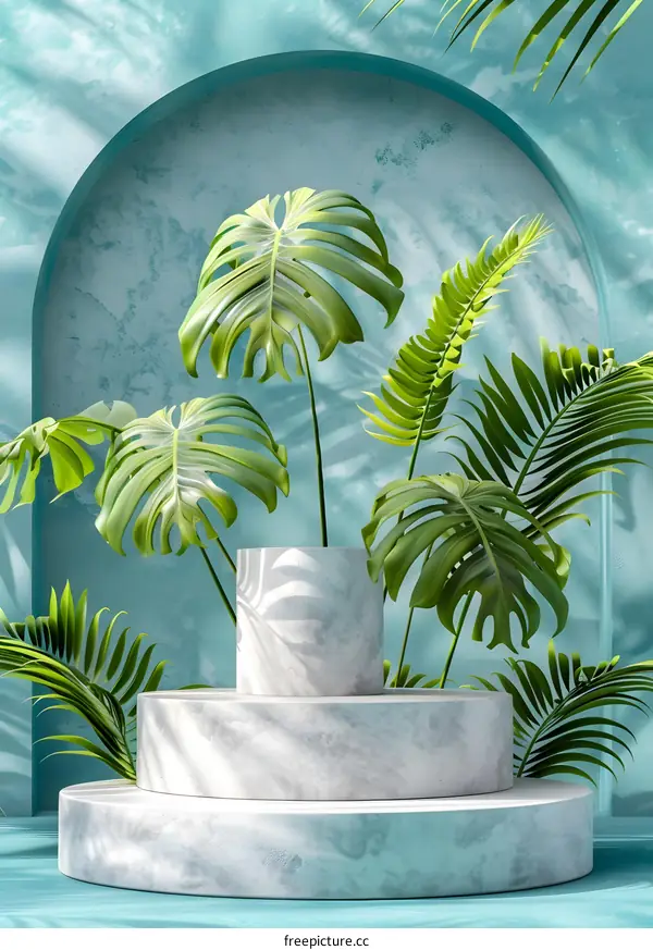Tropical Leaves and White Marble Podium