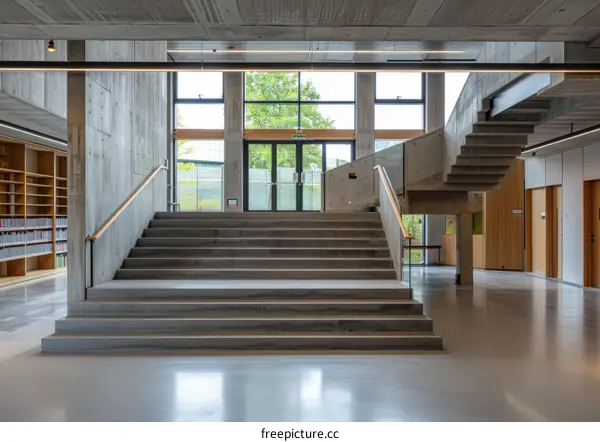 University library with large concrete staircase and glass entrance doors