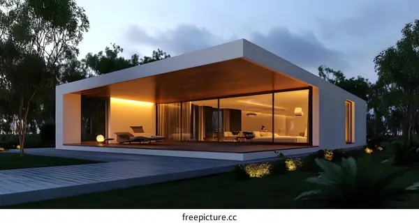 Modern Minimalist House With Wooden Ceiling And Large Windows