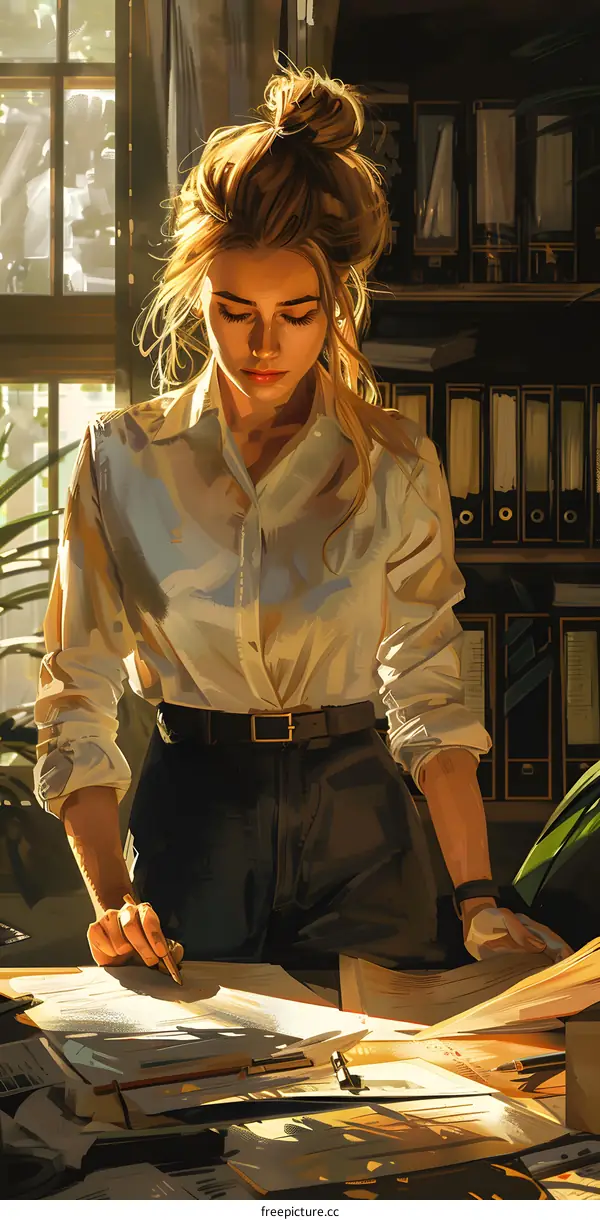 Woman Working at Desk with Papers and a Pen