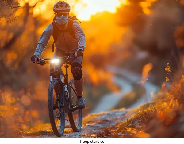 A mountain biker rides through a forest at sunset