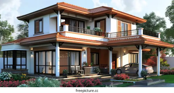Modern Two-Story House Exterior Design Illustration