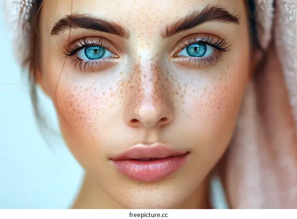 Close-up portrait of a young woman with freckles