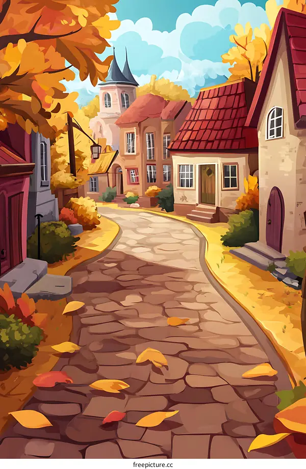 Autumn Village Street with Cobblestone Path and Colorful Leaves