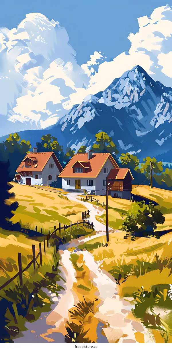 Countryside Landscape Illustration with Houses and Mountains