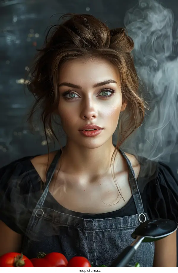portrait of a beautiful young woman chef in a gray apron