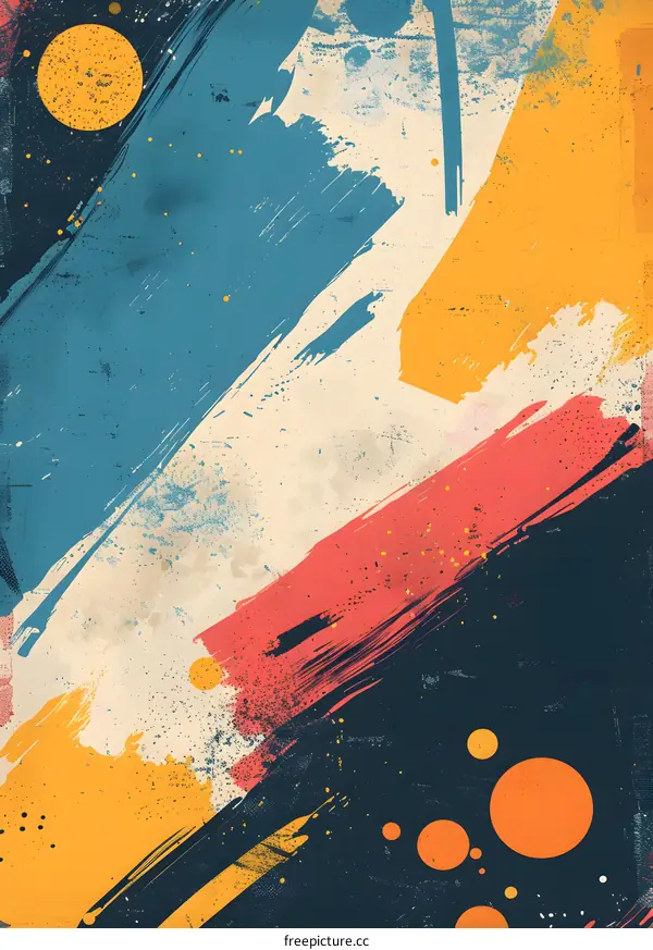 Colorful abstract painting with blue, yellow, orange and white