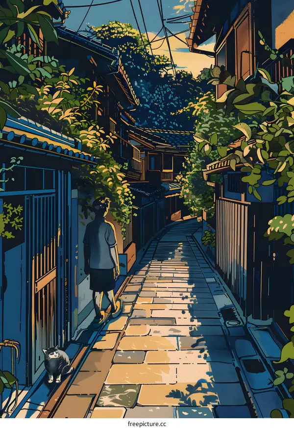 A Man Walking Down a Narrow Street in a Japanese Village