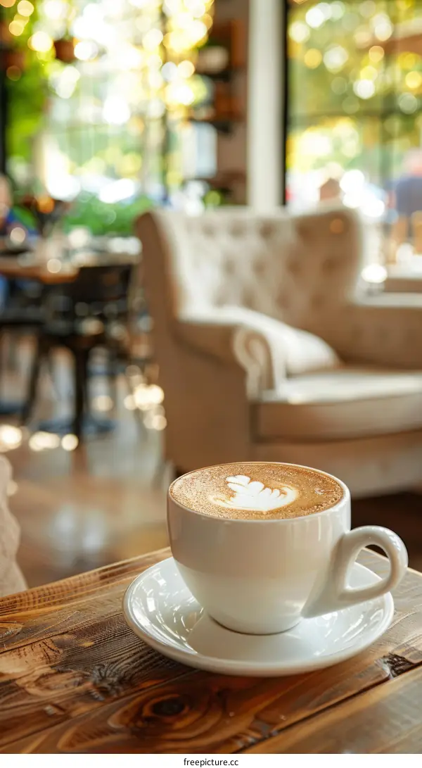 Cappuccino in a White Cup on a Wooden Table in a Cafe
