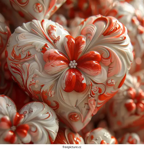 Red and White Heart-Shaped Ornaments with Flower Design