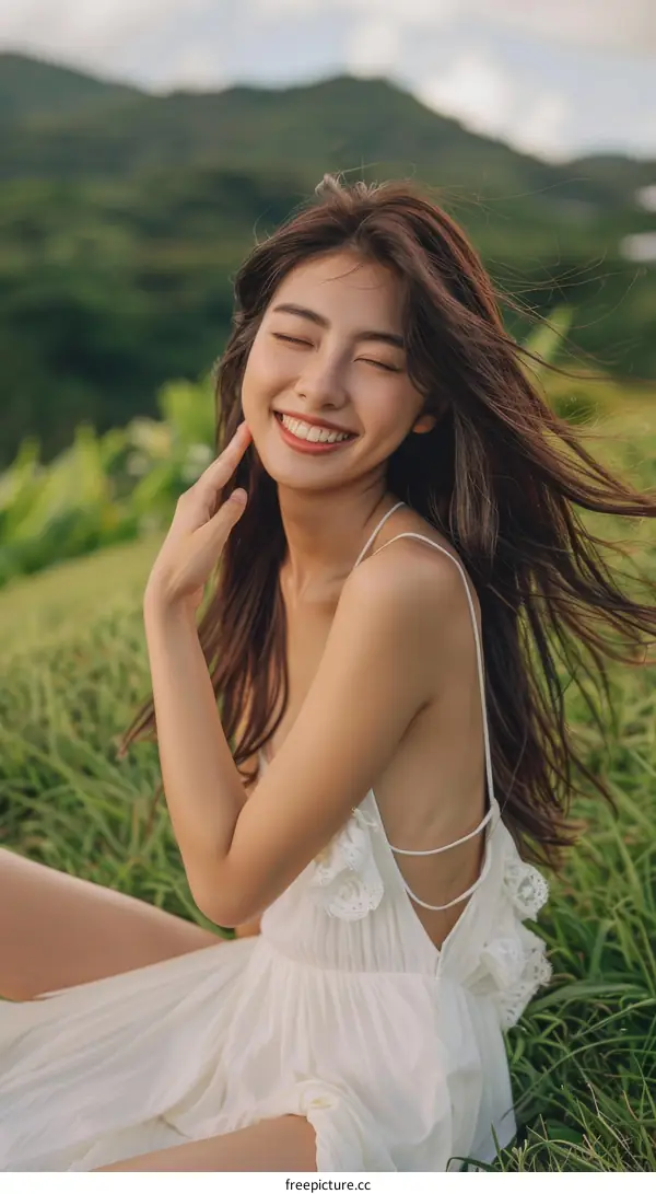 An Asian woman in a white dress is sitting on the grass and smiling