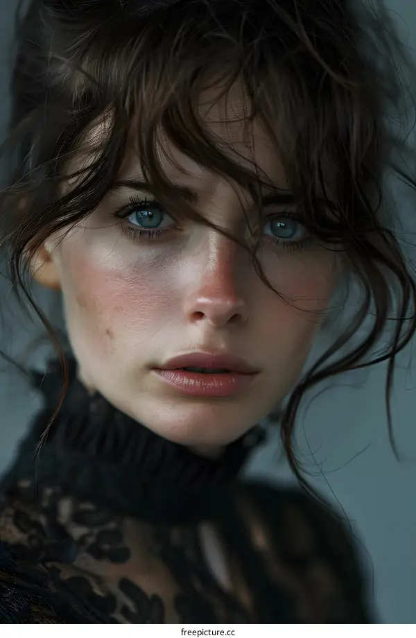 Portrait of a young woman with brown hair and blue eyes