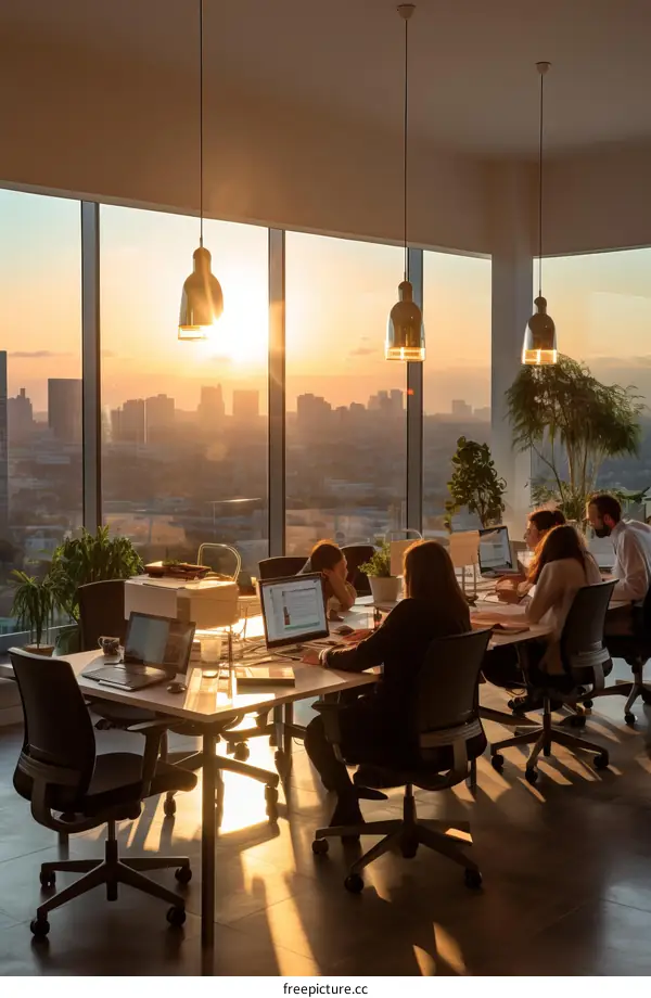 People working together in an office with a city view
