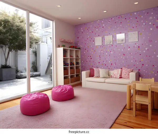Playroom with Pink Accents and Purple Speckled Wallpaper