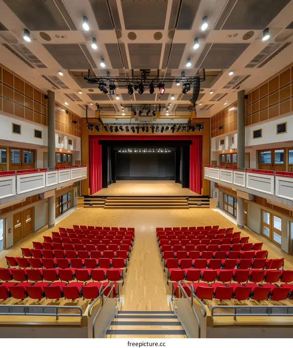 Empty Auditorium with Red Seats and Stage