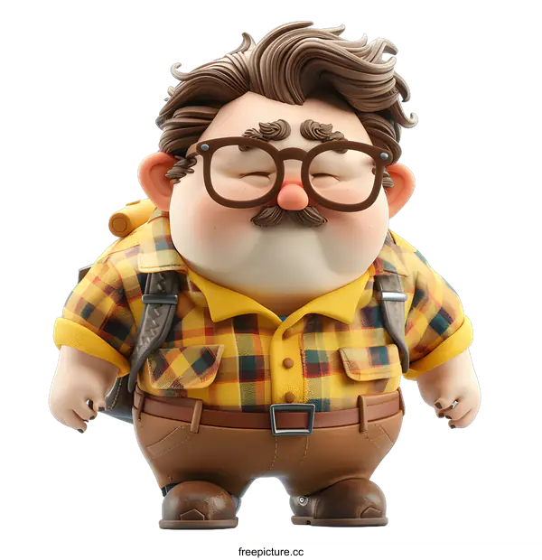 [Transparent Background PNG]A 3D cartoon character of a man with a mustache and glasses