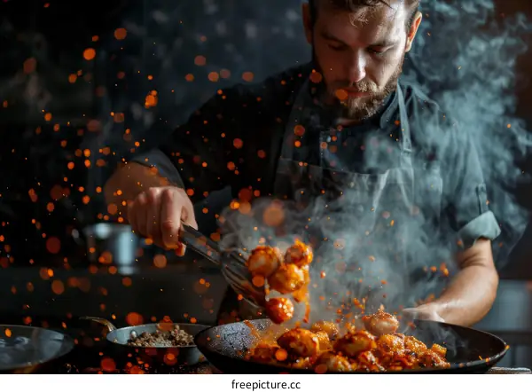 Focused male chef tossing food in a pan