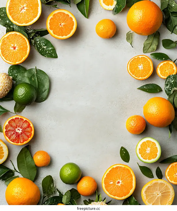 Fresh Citrus Fruits with Leaves on a Grey Background