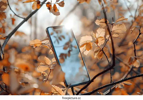 Smartphone Resting on a Branch of Autumn Leaves