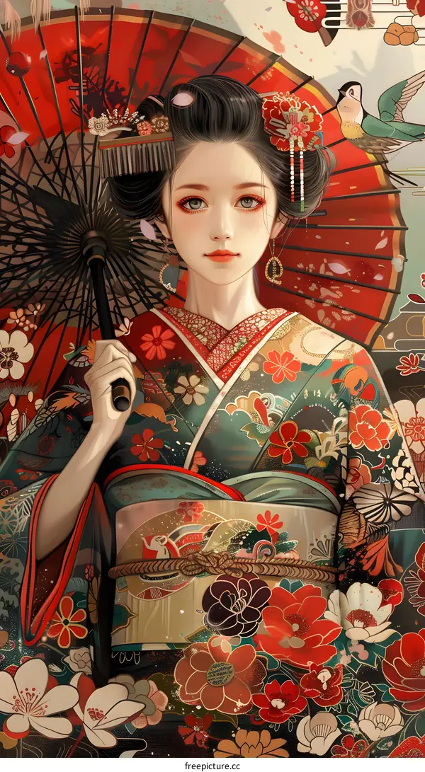 A beautiful Japanese woman in a kimono holding a red umbrella.