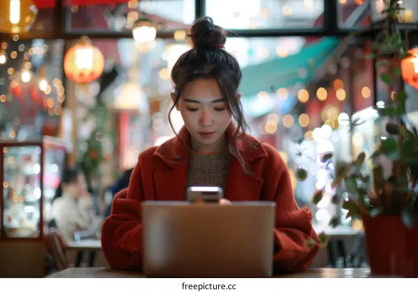 Asian woman using laptop and smartphone in a restaurant