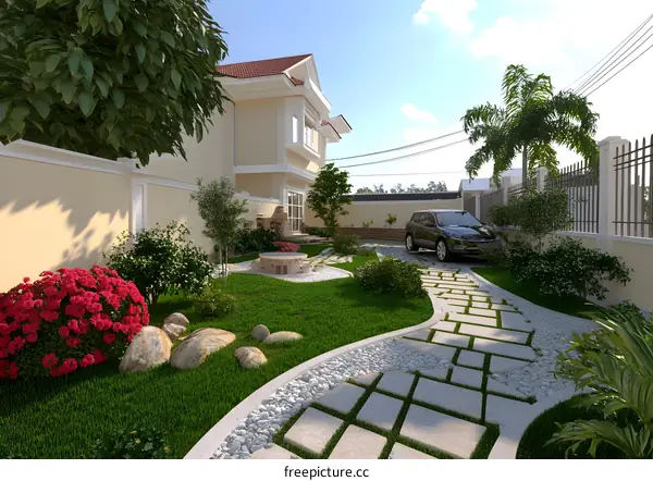 Landscaped Backyard with Stone Pathway and Greenery