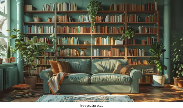 A green living room with a large library
